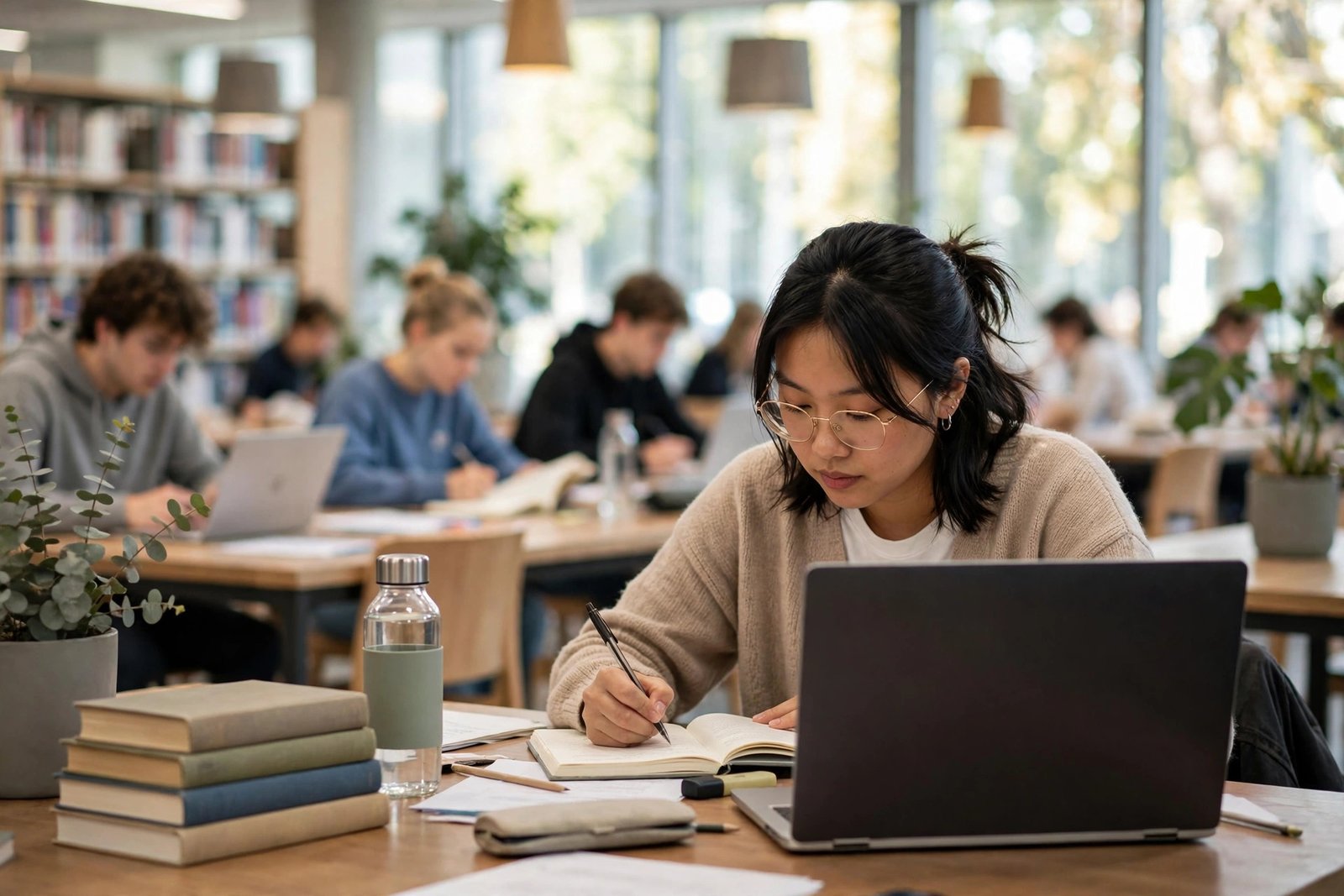 Student studying with a laptop and books in a bright university library in Berlin while researching scholarship options