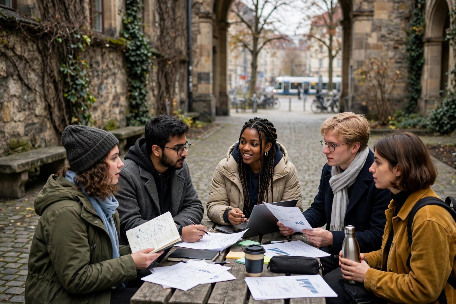 Graduate students discussing research in a historic university courtyard in Berlin while exploring Humboldt scholarships