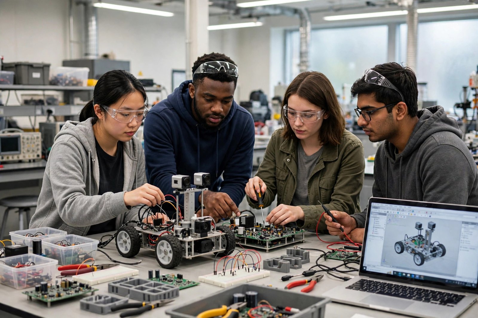 Engineering students collaborating in a technical university laboratory in Darmstadt while researching TU Darmstadt scholarships