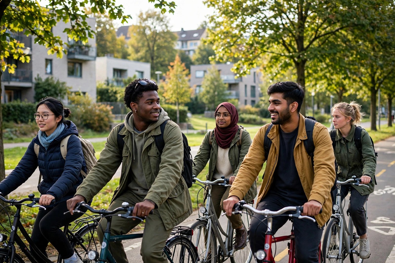 International students cycling to campus in a green German city in Hesse while planning a TU Darmstadt budget