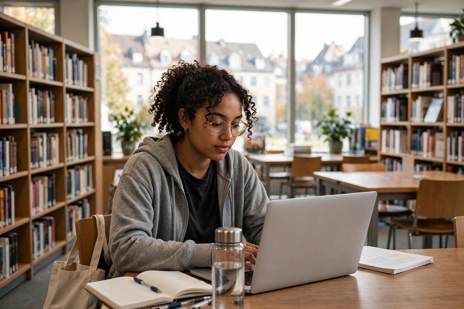 Student studying in the University of Stuttgart library in Germany