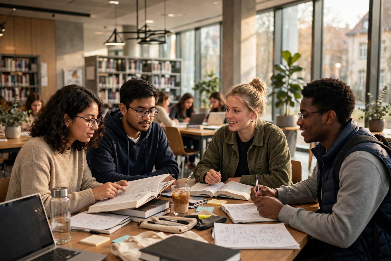 Students studying together in a bright University of Mannheim library with laptops and course books