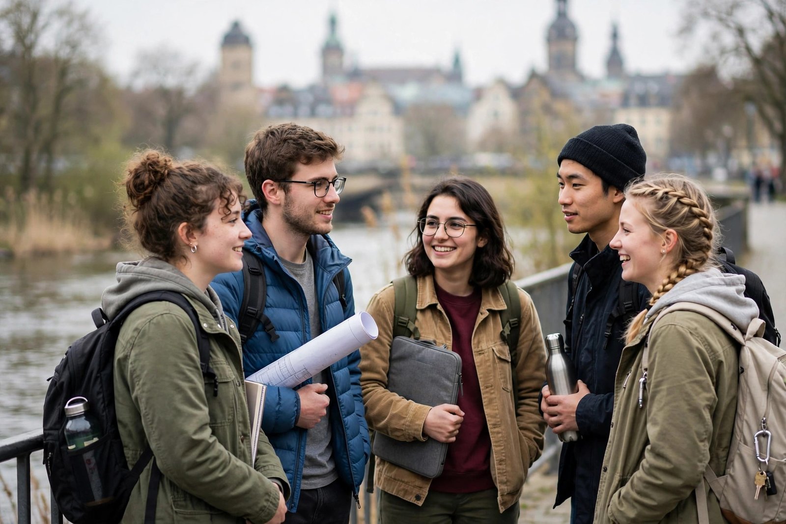 International engineering students in Dresden, Germany, walking to TU Dresden lectures near the river