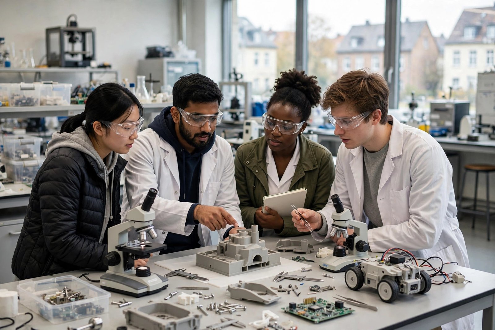 Graduate students collaborating on research in a modern TU Dresden engineering laboratory