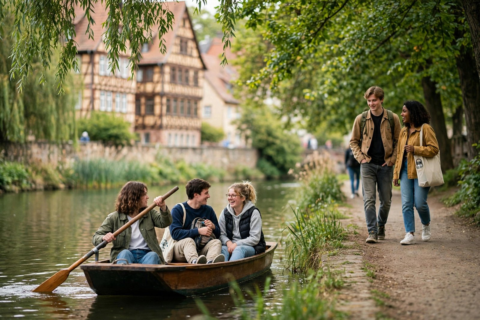 Students enjoying the river and old town atmosphere of Tübingen, Germany, during university term