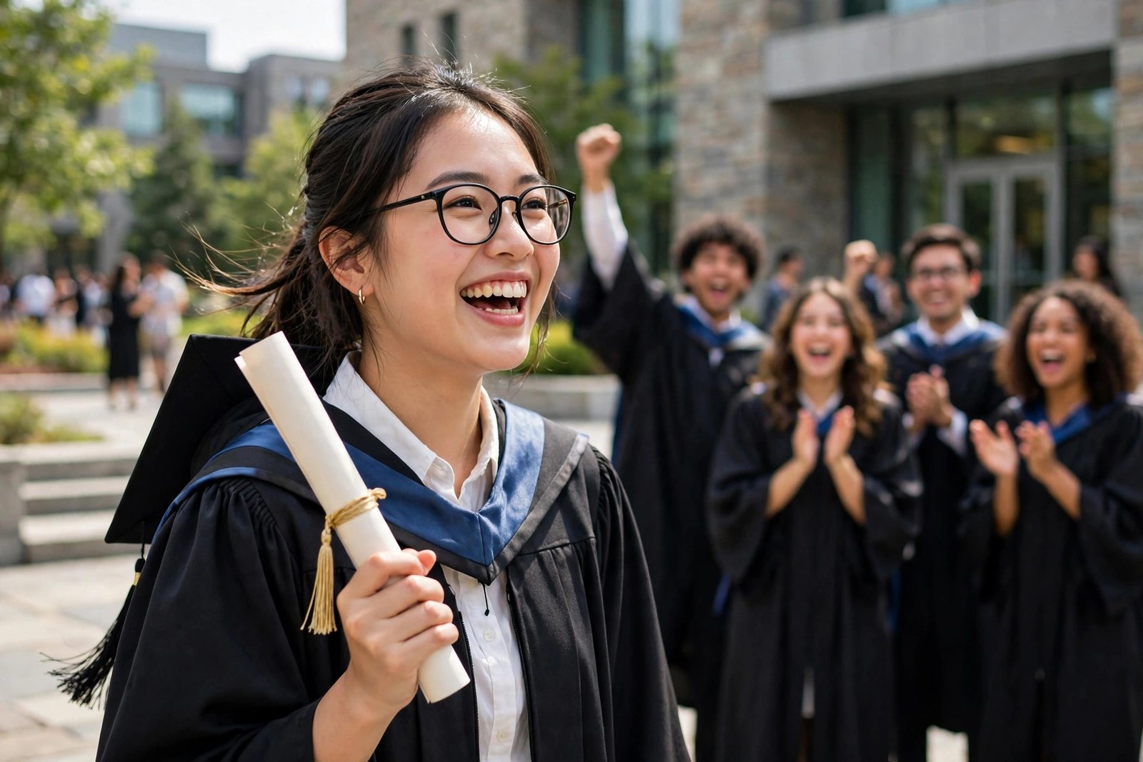 Graduate celebrating with a diploma outside an American university library — fully funded scholarships in USA 2026/2027
