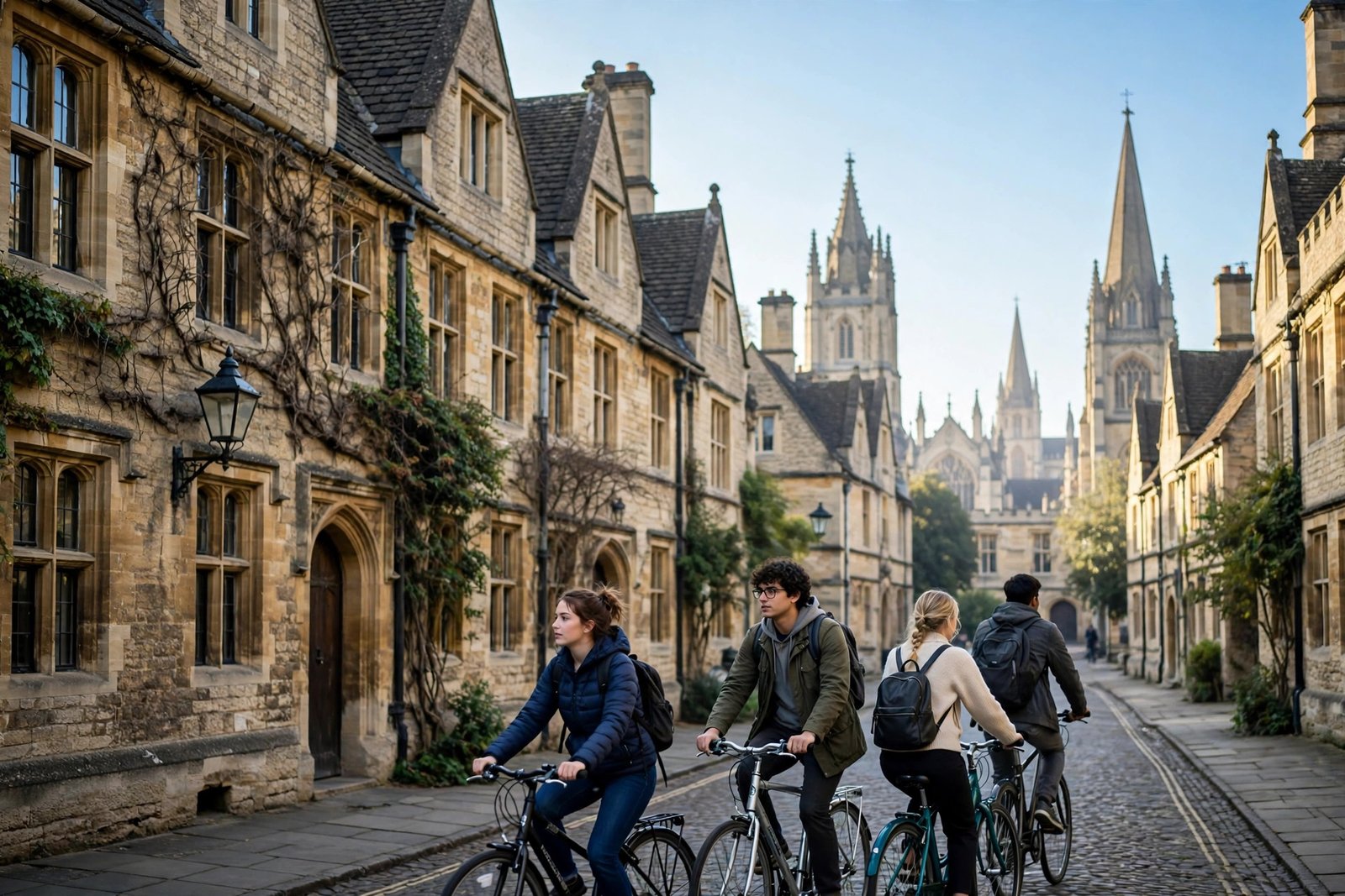Students cycling past historic Oxford college buildings — fully funded scholarships in UK 2026/2027