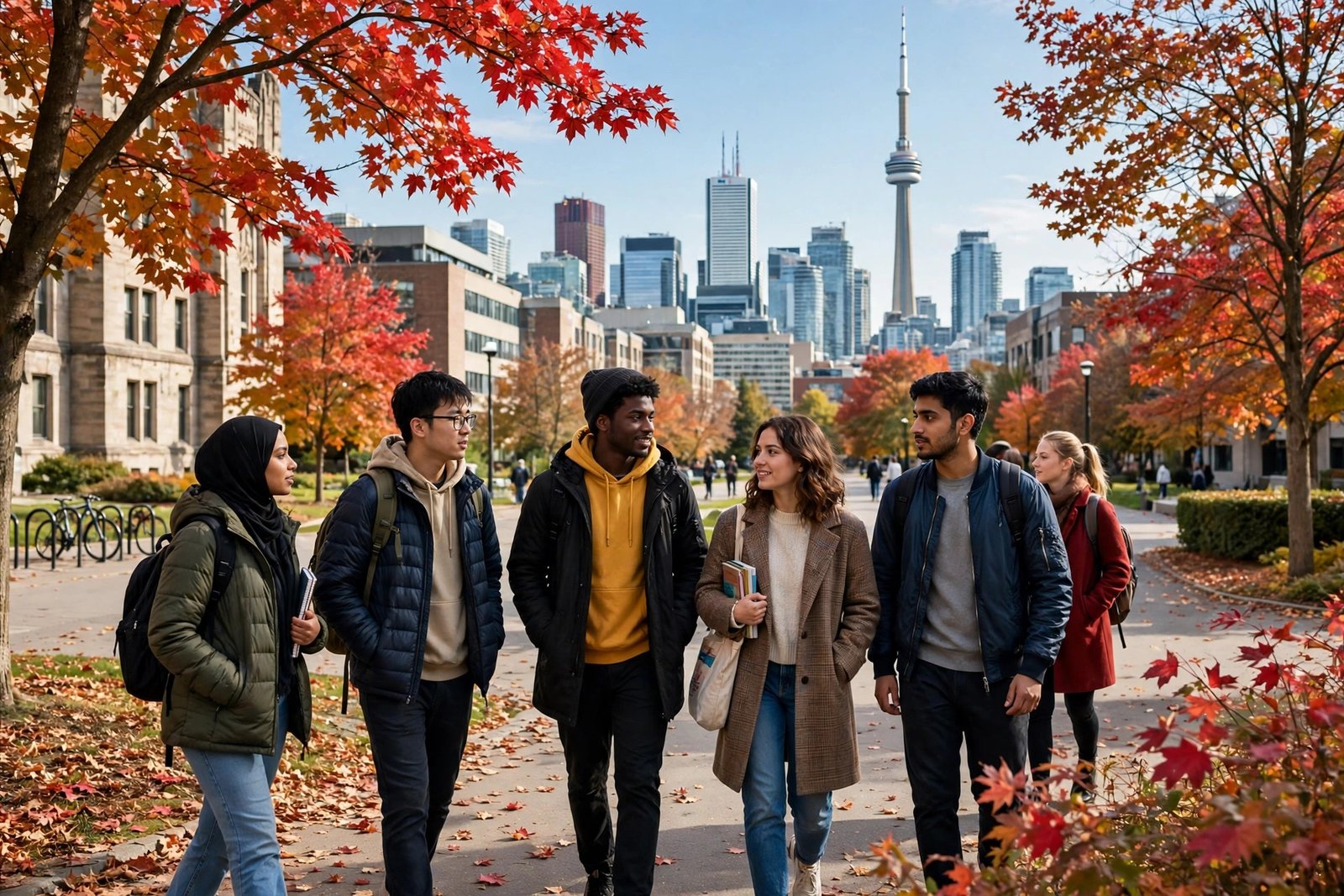 International students on a Canadian university campus in Toronto in autumn — fully funded scholarships in Canada