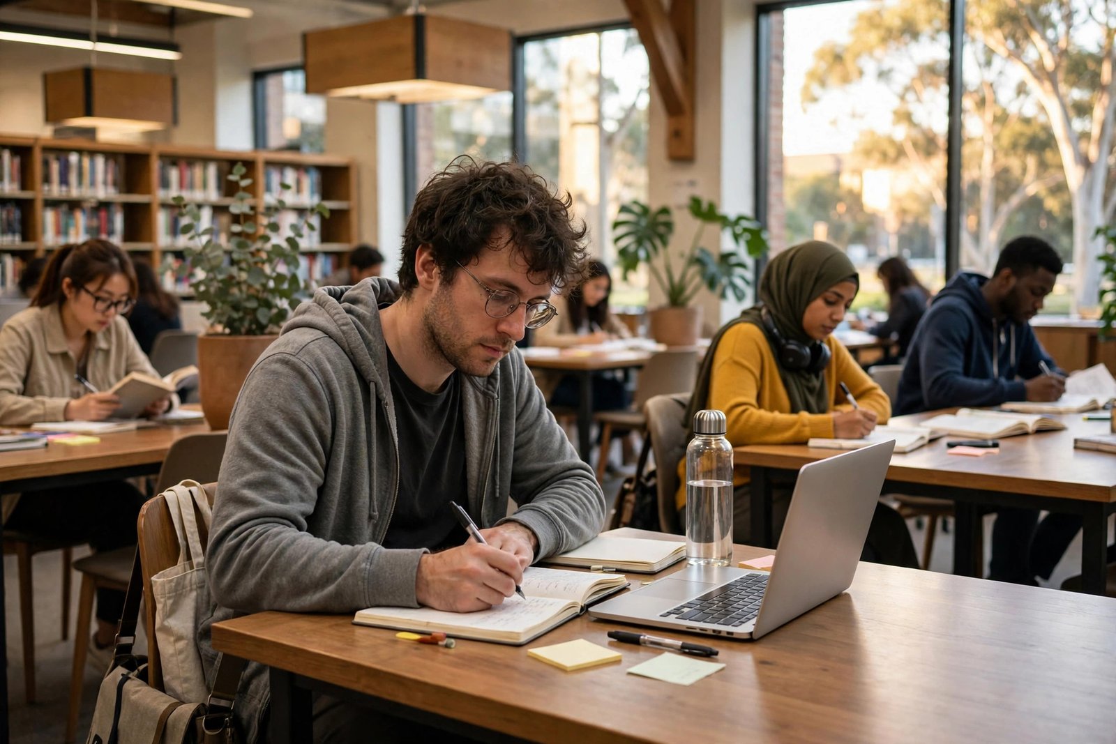Postgraduate researcher writing in an Australian university library while preparing an RTP scholarship application