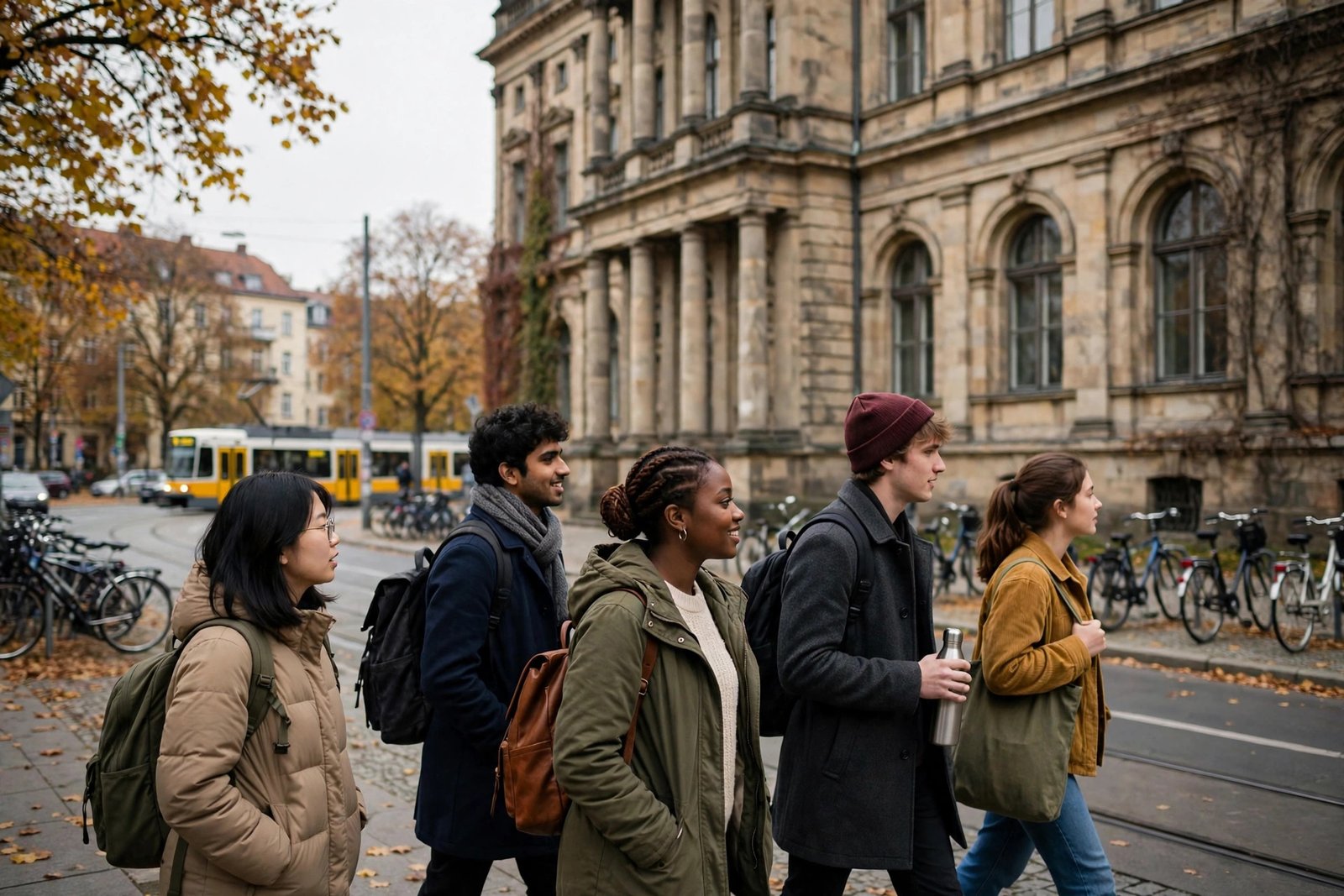 International students walking past a historic German university building while researching fully funded scholarships in Germany
