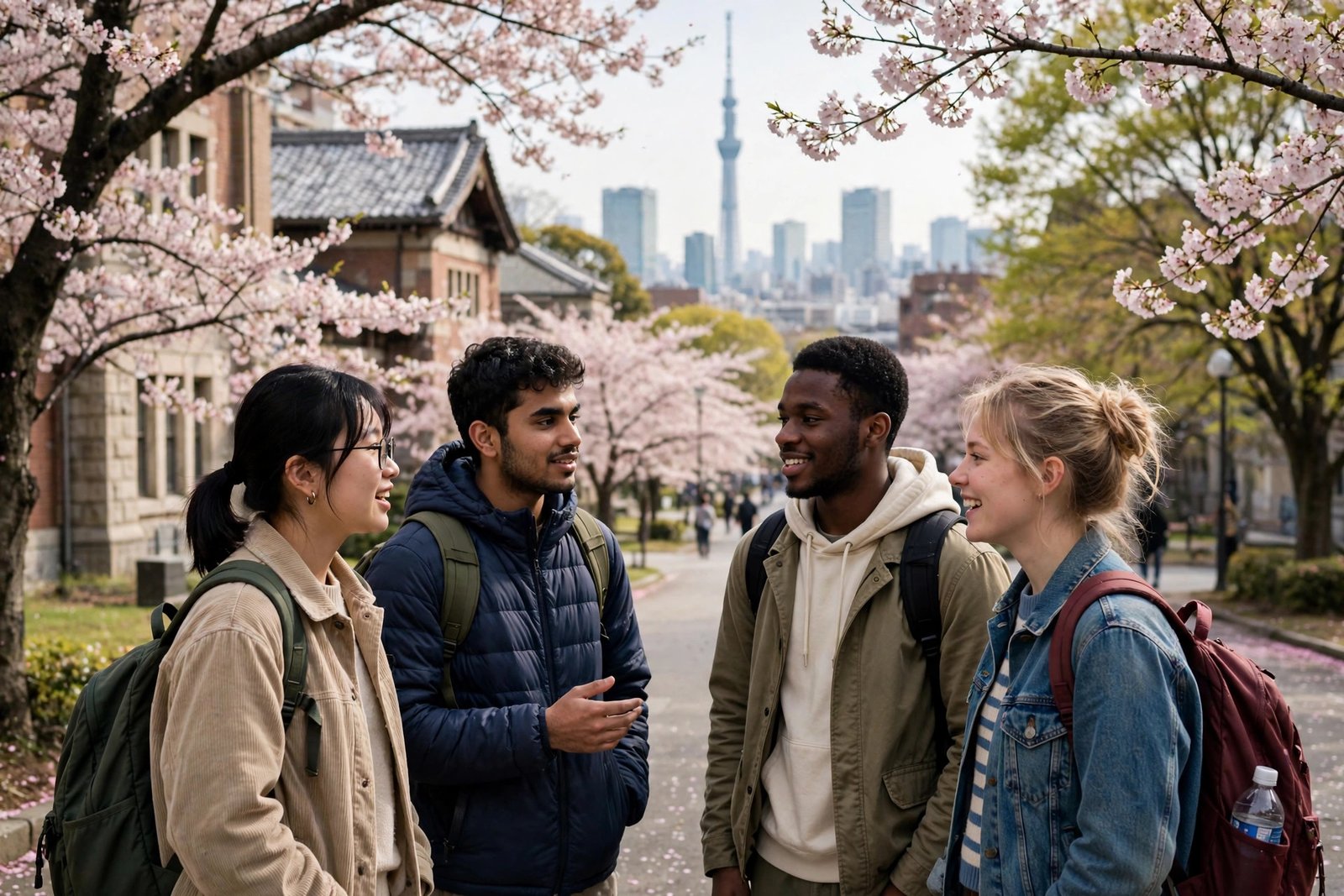 International students on a Japanese university campus in cherry blossom season researching fully funded scholarships in Japan