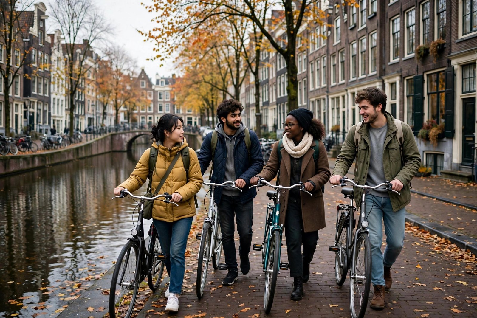International students with bicycles beside an Amsterdam canal — fully funded scholarships in Netherlands 2027