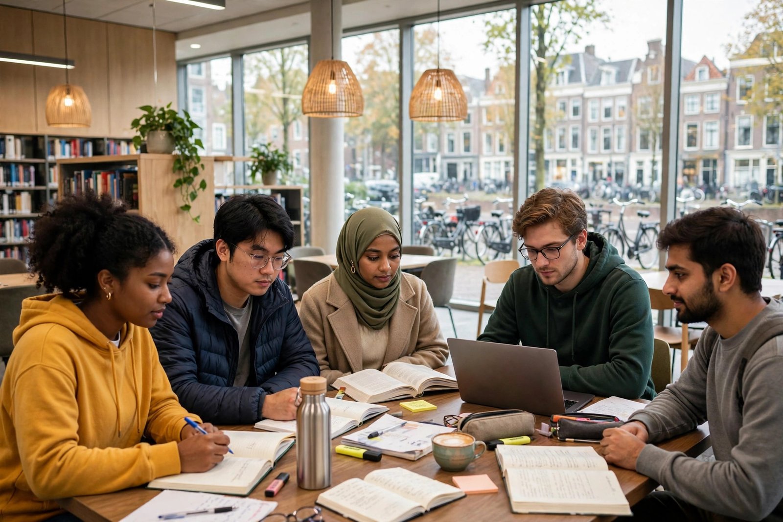 Students studying together in a modern Dutch university library — Netherlands scholarship applications 2027
