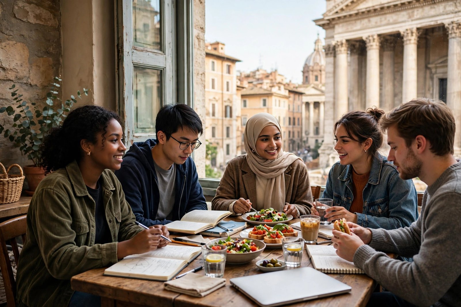 Students sharing a meal and studying in Rome — Italy scholarship student life 2027