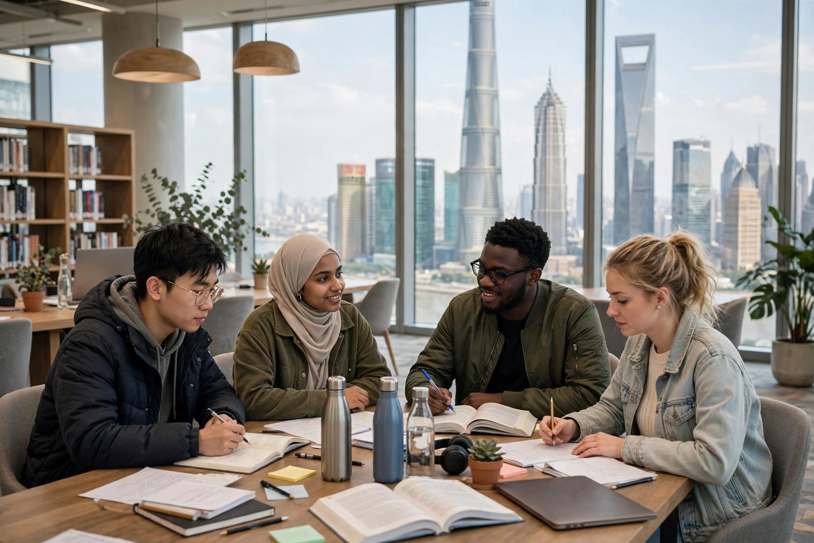 Graduate students studying together in a modern university library in Shanghai, China
