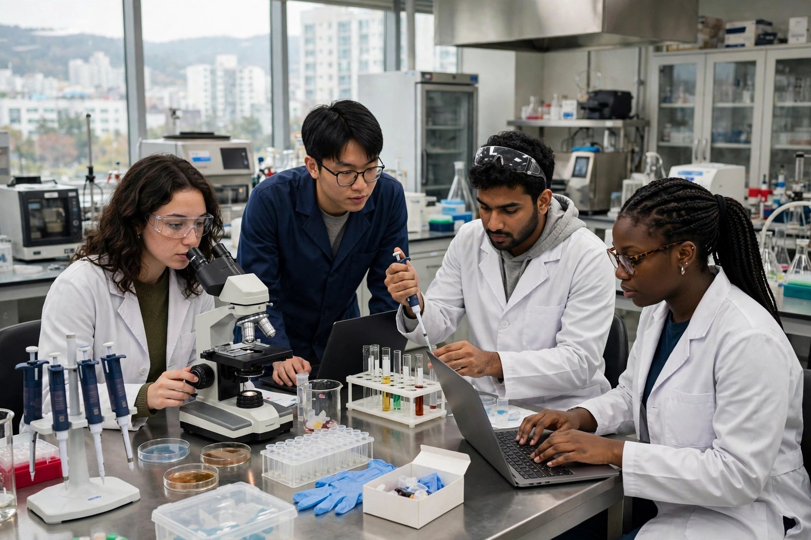 International research students working in a high-tech laboratory at a Korean science institute