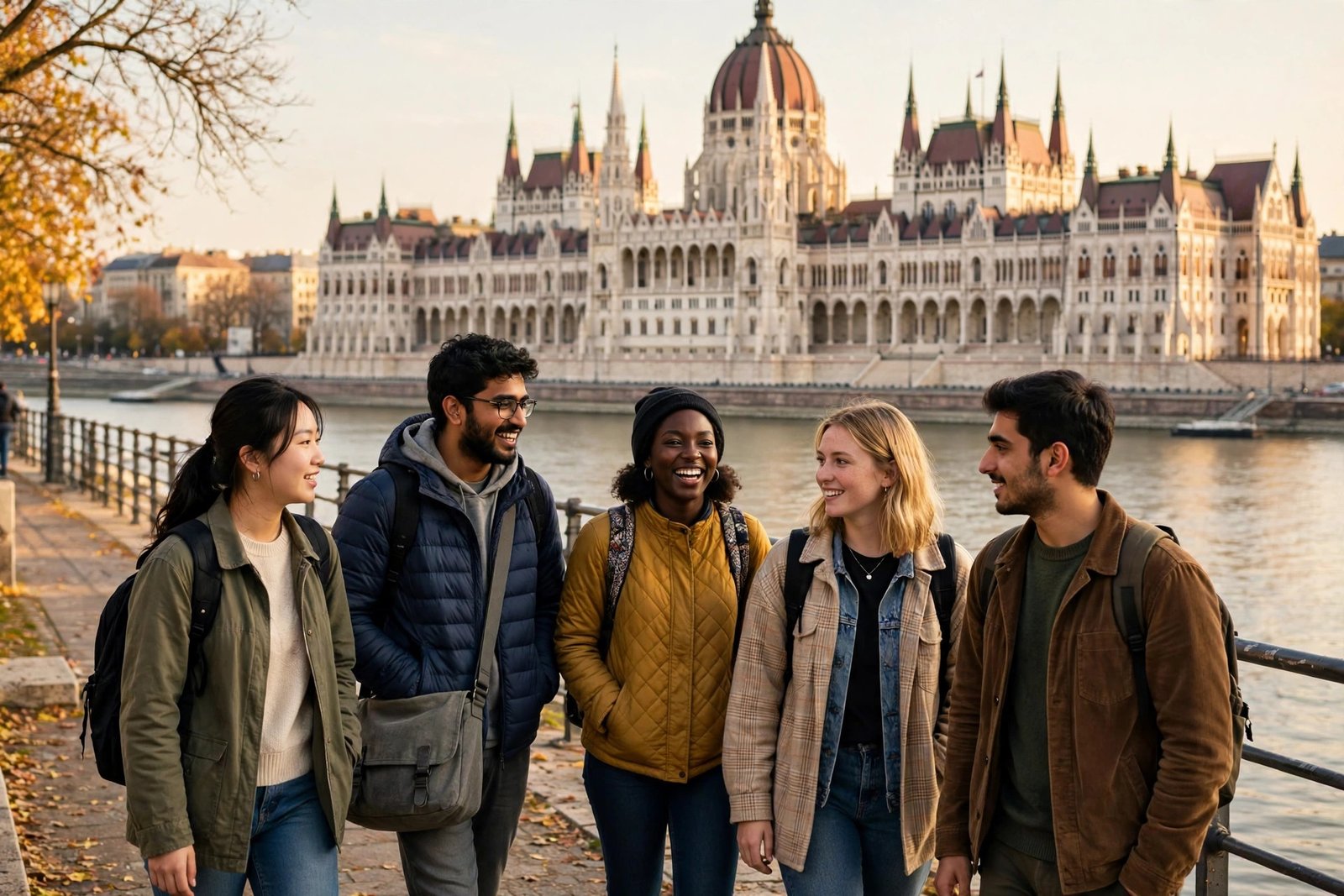 International students walking along the Danube riverbank in Budapest, Hungary