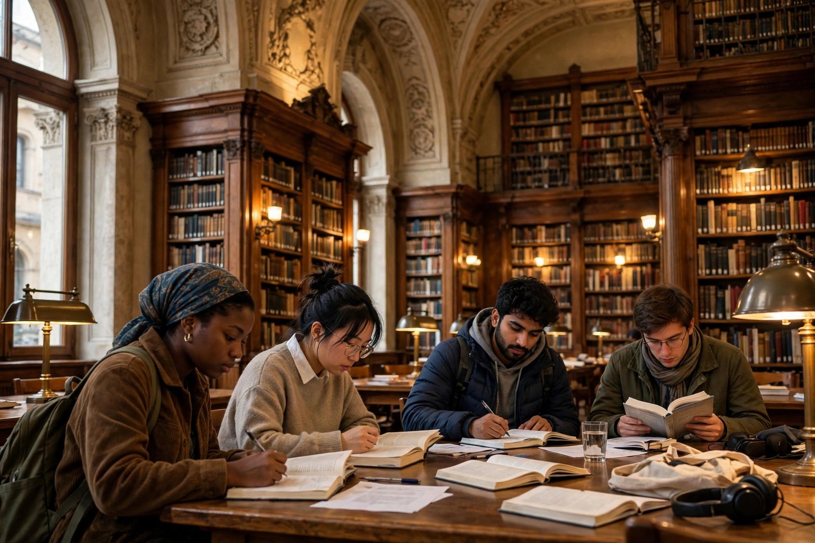 Students reading in a historic university library in Budapest, Hungary