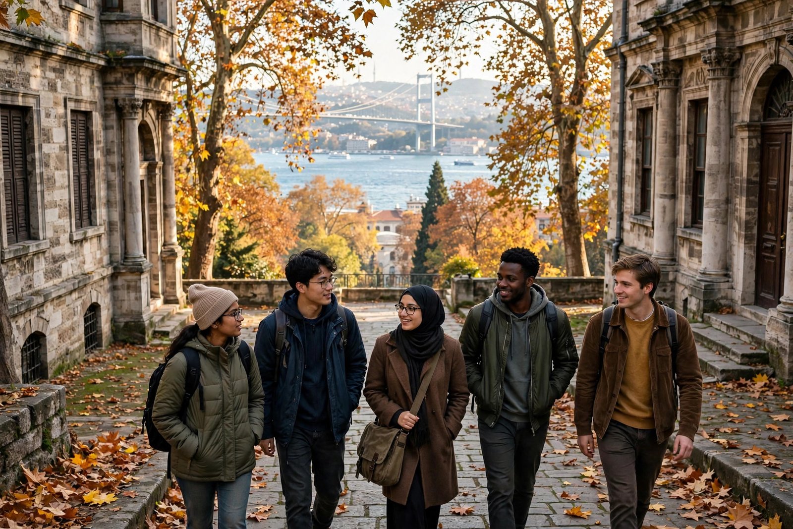 International students on a historic university campus in Istanbul, Turkey