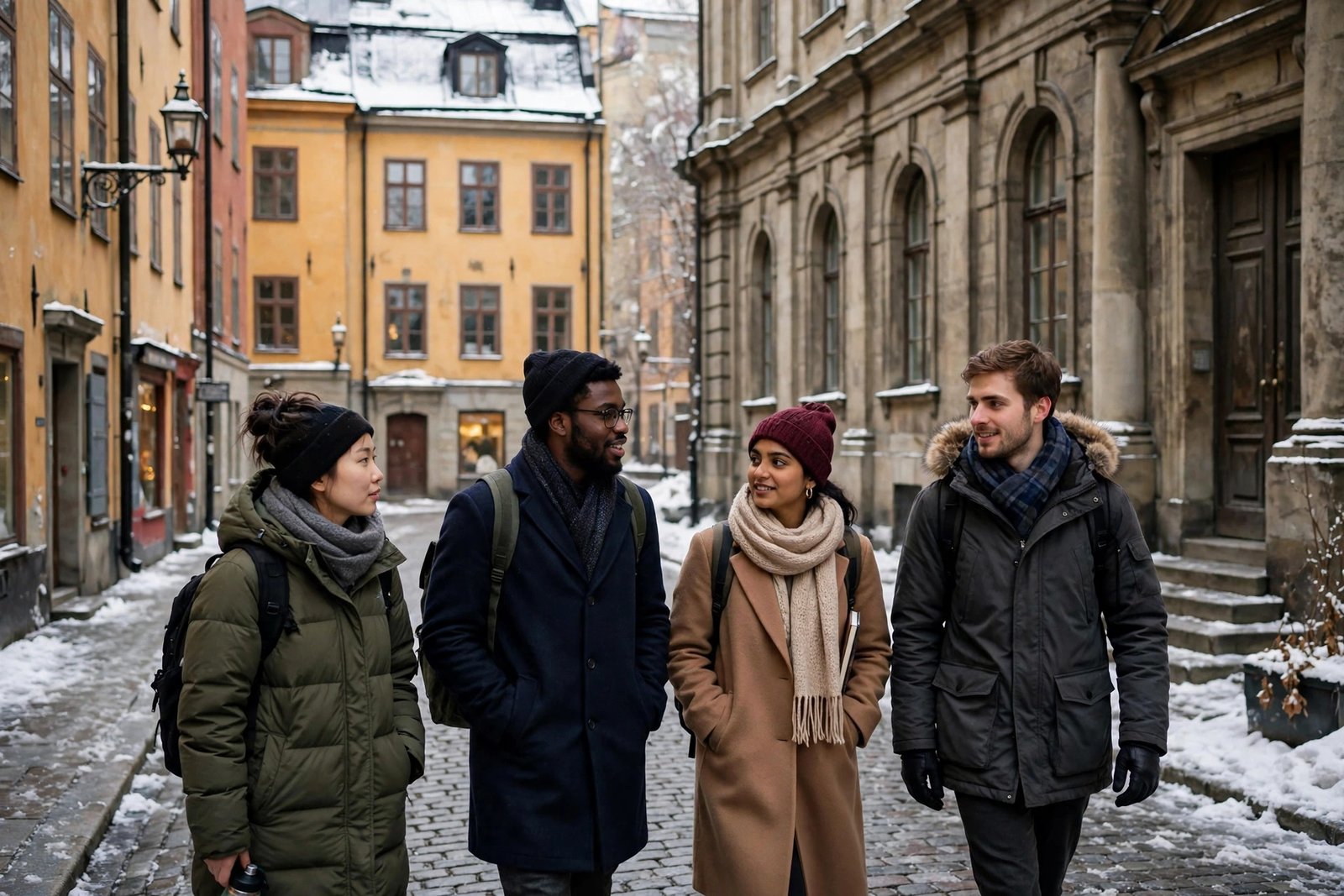 International master's students walking through Stockholm, Sweden in winter