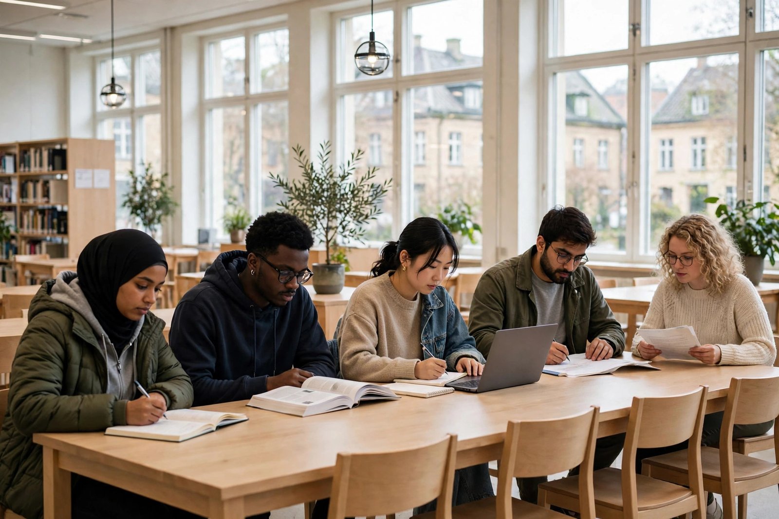 Students studying in a bright Scandinavian university library in Sweden