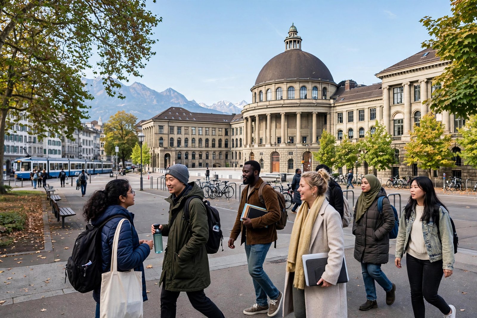 International students on a university campus in Zurich, Switzerland