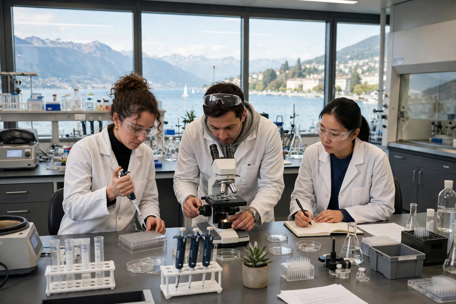 Doctoral researchers working in a modern Swiss university laboratory