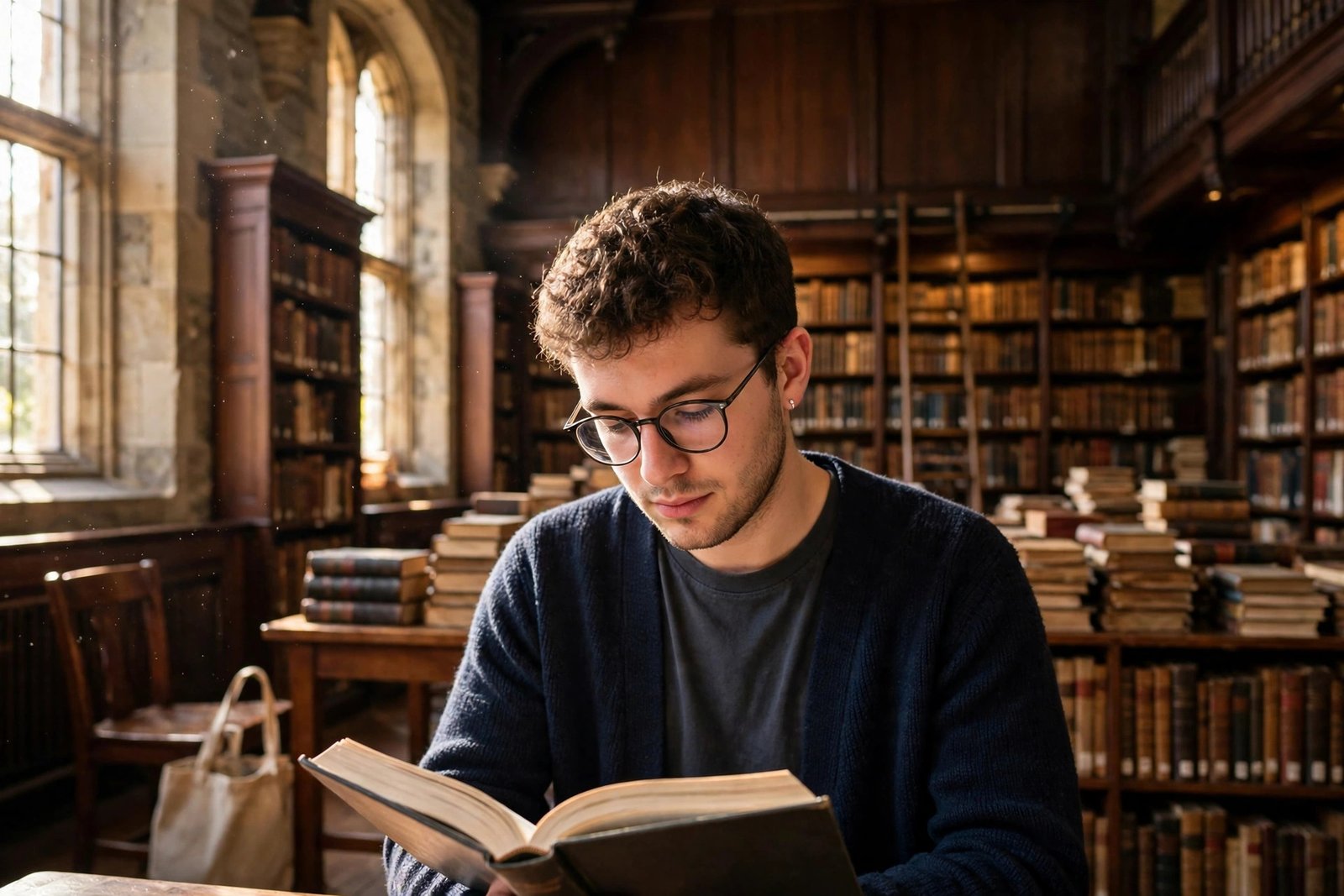 Doctoral student reading in a university library in Dunedin while researching fully funded PhD scholarships in New Zealand