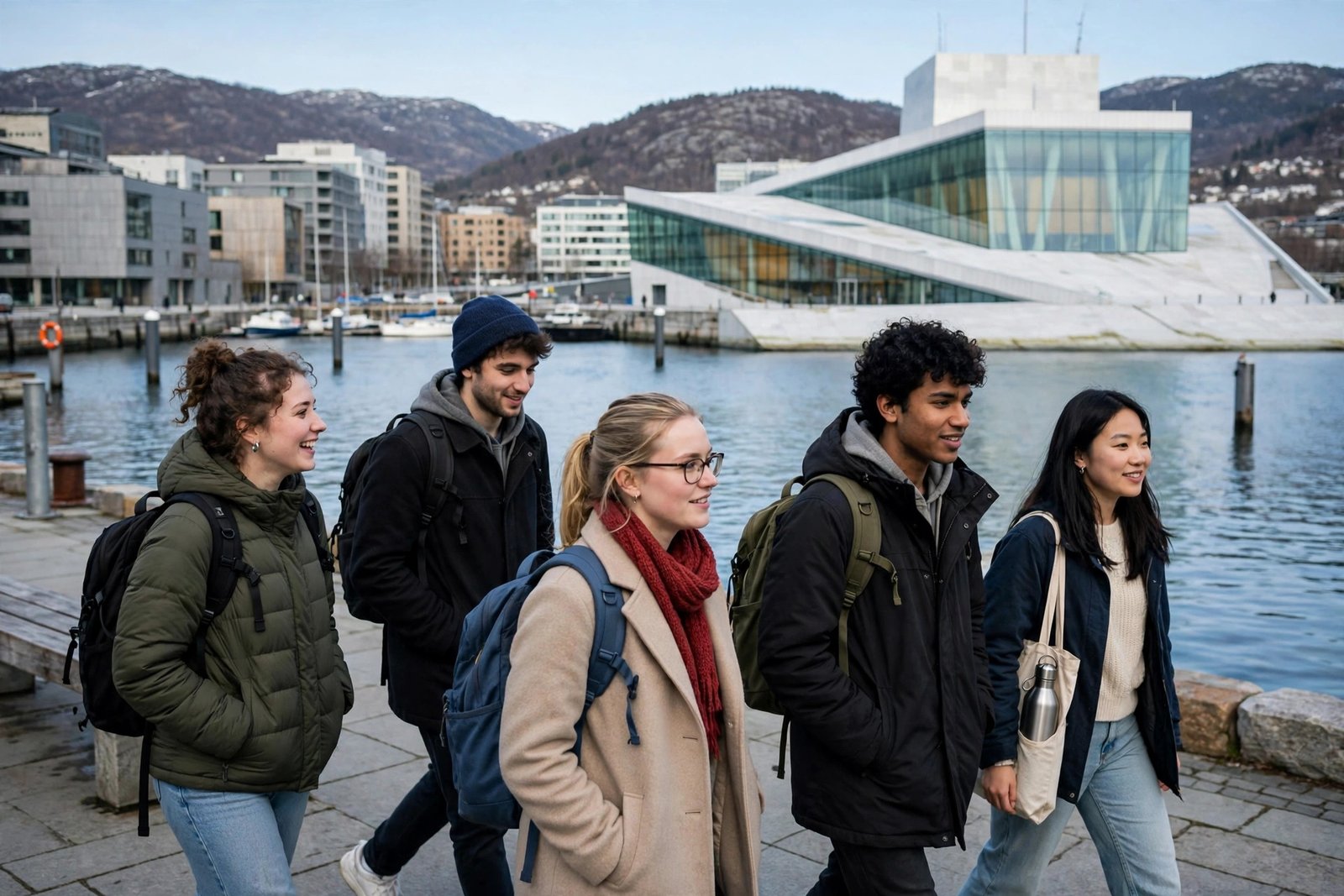 University students walking along the Oslo waterfront and fjord in Norway