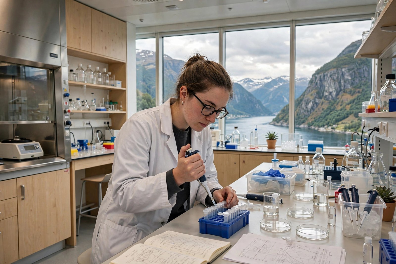 Doctoral researcher working in a Norwegian university laboratory with fjord views