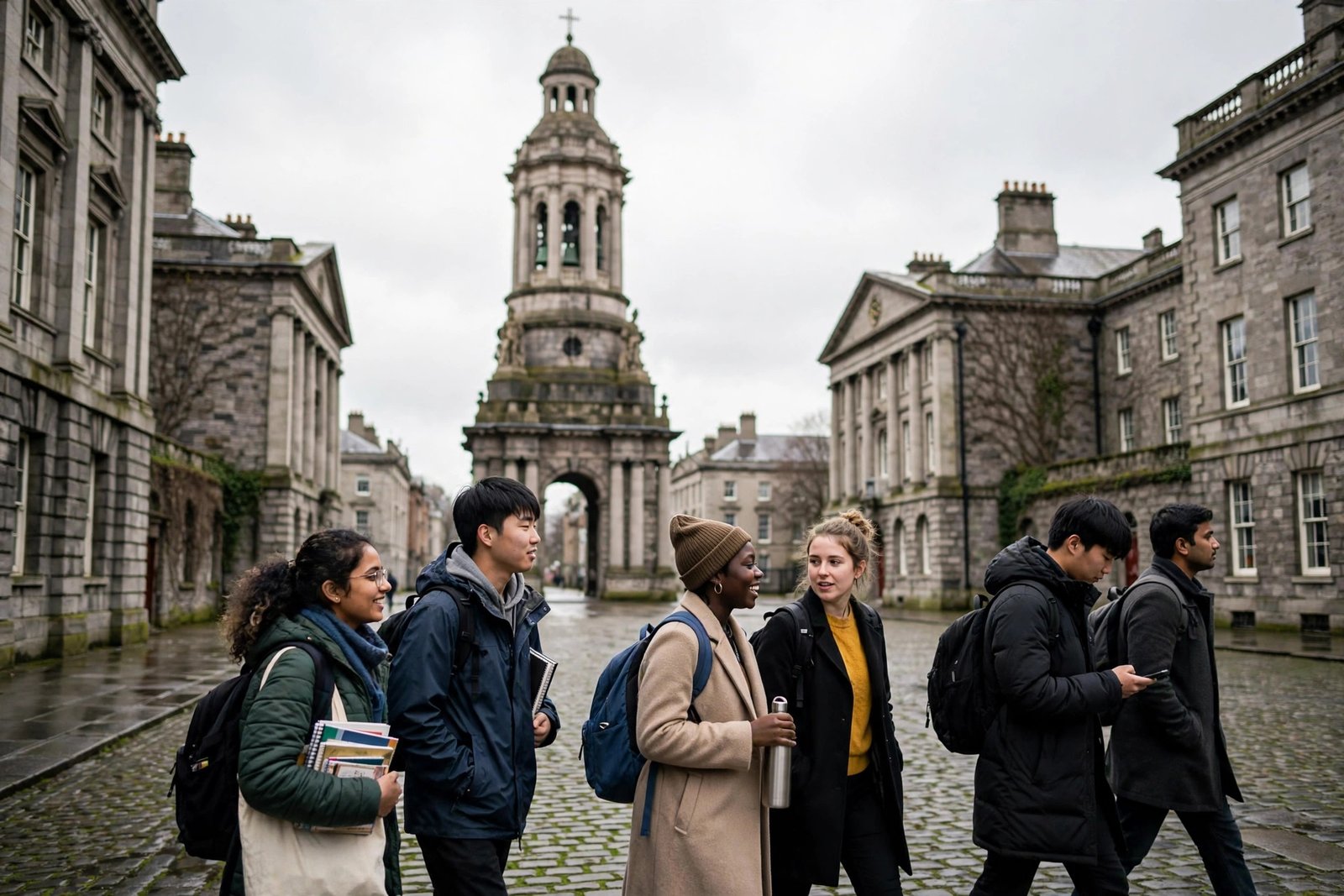 Students crossing a historic university courtyard in Dublin, Ireland