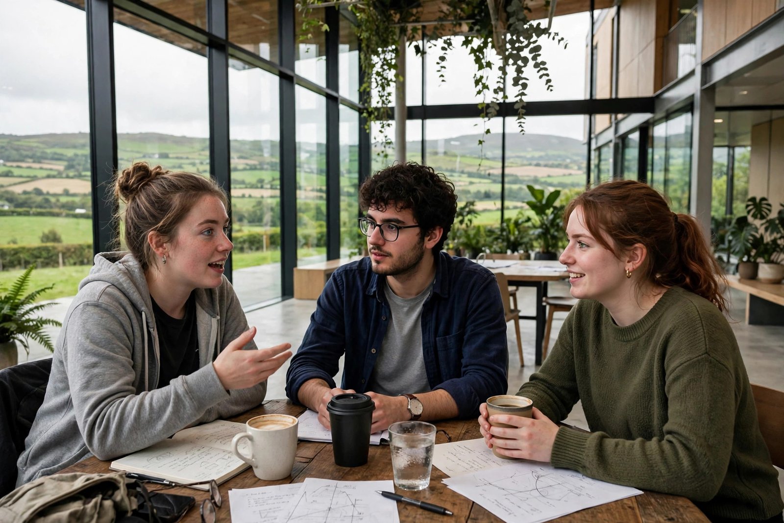 Postgraduate researchers talking in a modern Irish university atrium