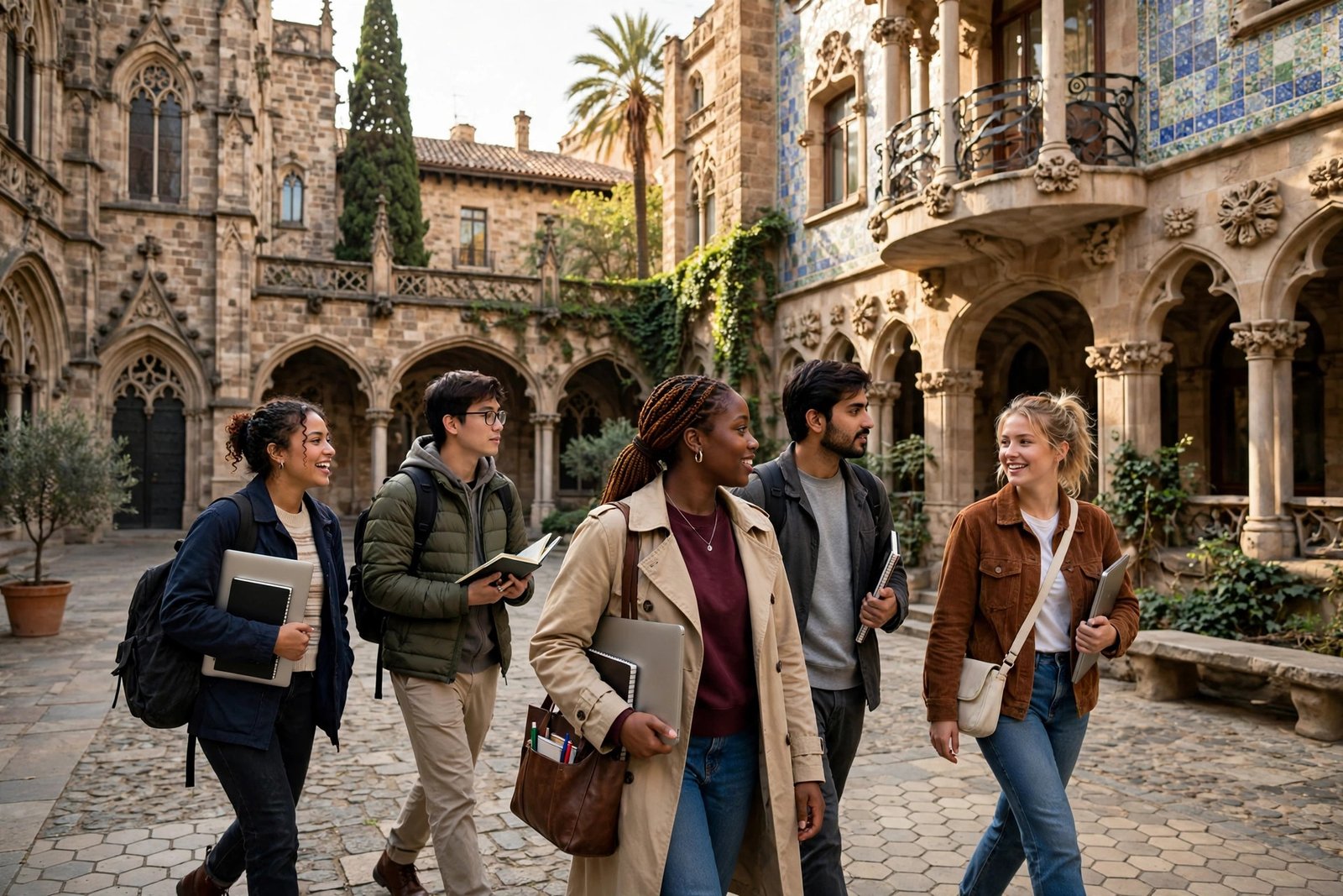 International students walking in a historic university courtyard in Barcelona on a fully funded scholarship in Spain