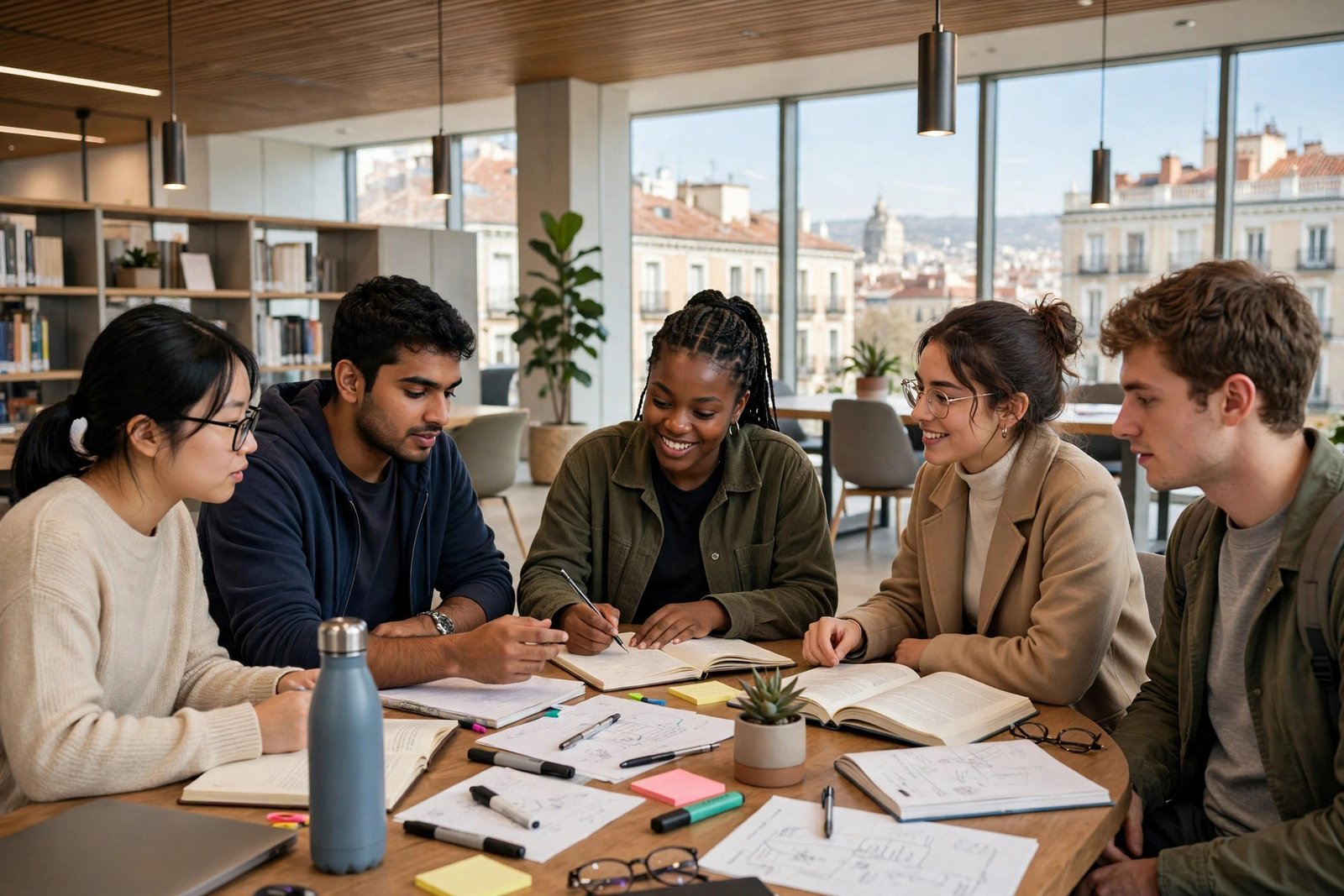 Graduate students studying together in a modern library in Madrid Spain on scholarship