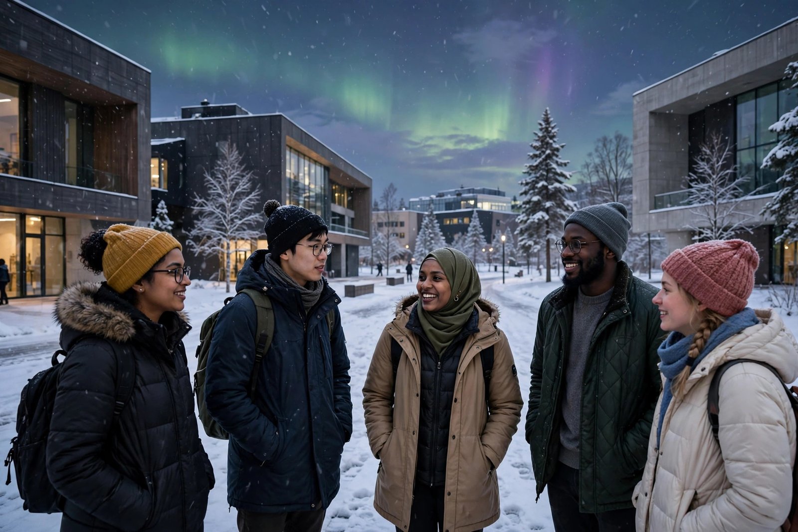 International students on a snowy modern university campus in Helsinki Finland on scholarship