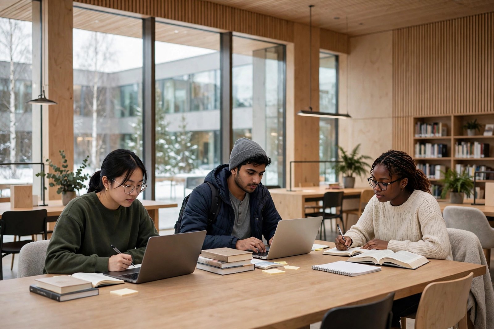International students studying in a minimalist Finnish university library with wood and glass design