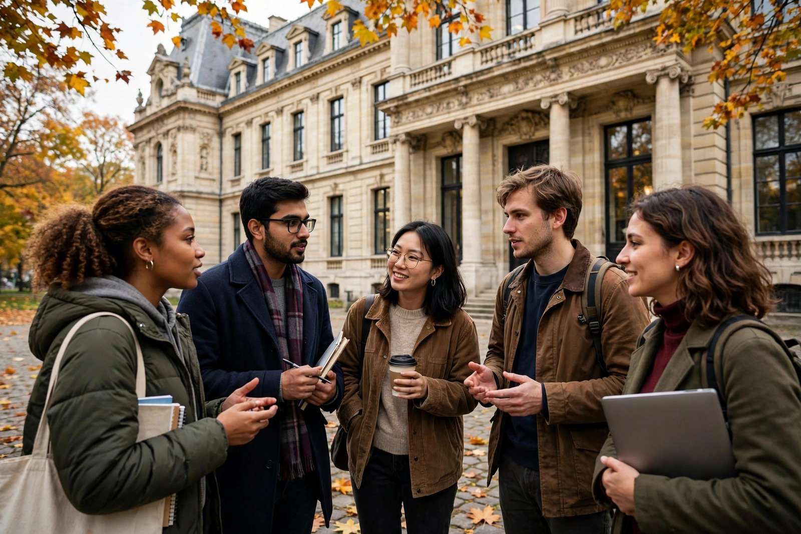 Postgraduate students discussing scholarship options outside a European university building in autumn