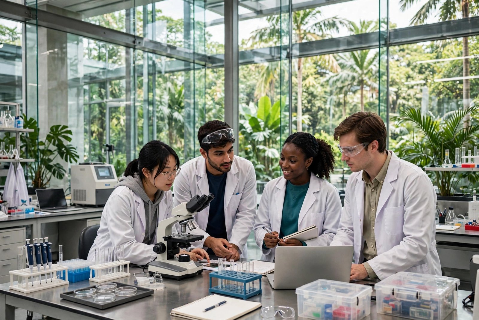 Graduate students collaborating in a high-tech laboratory on an Asian university campus in Singapore and Seoul