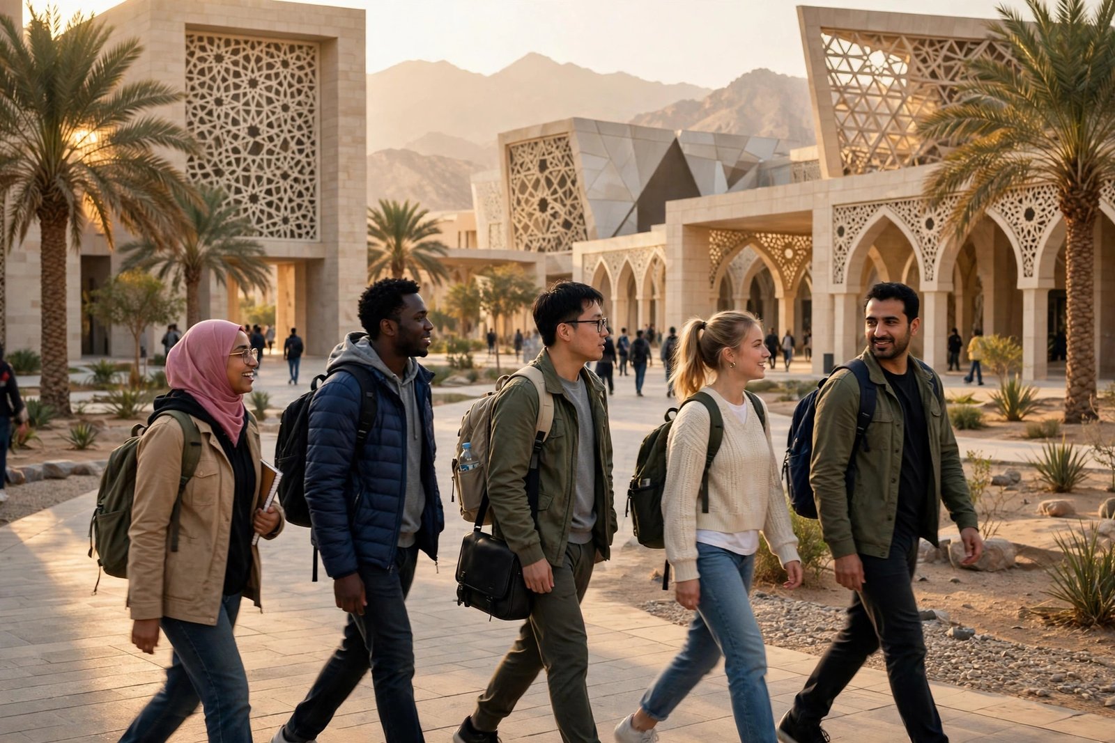 International graduate students on a modern Middle East university campus with fully funded scholarships