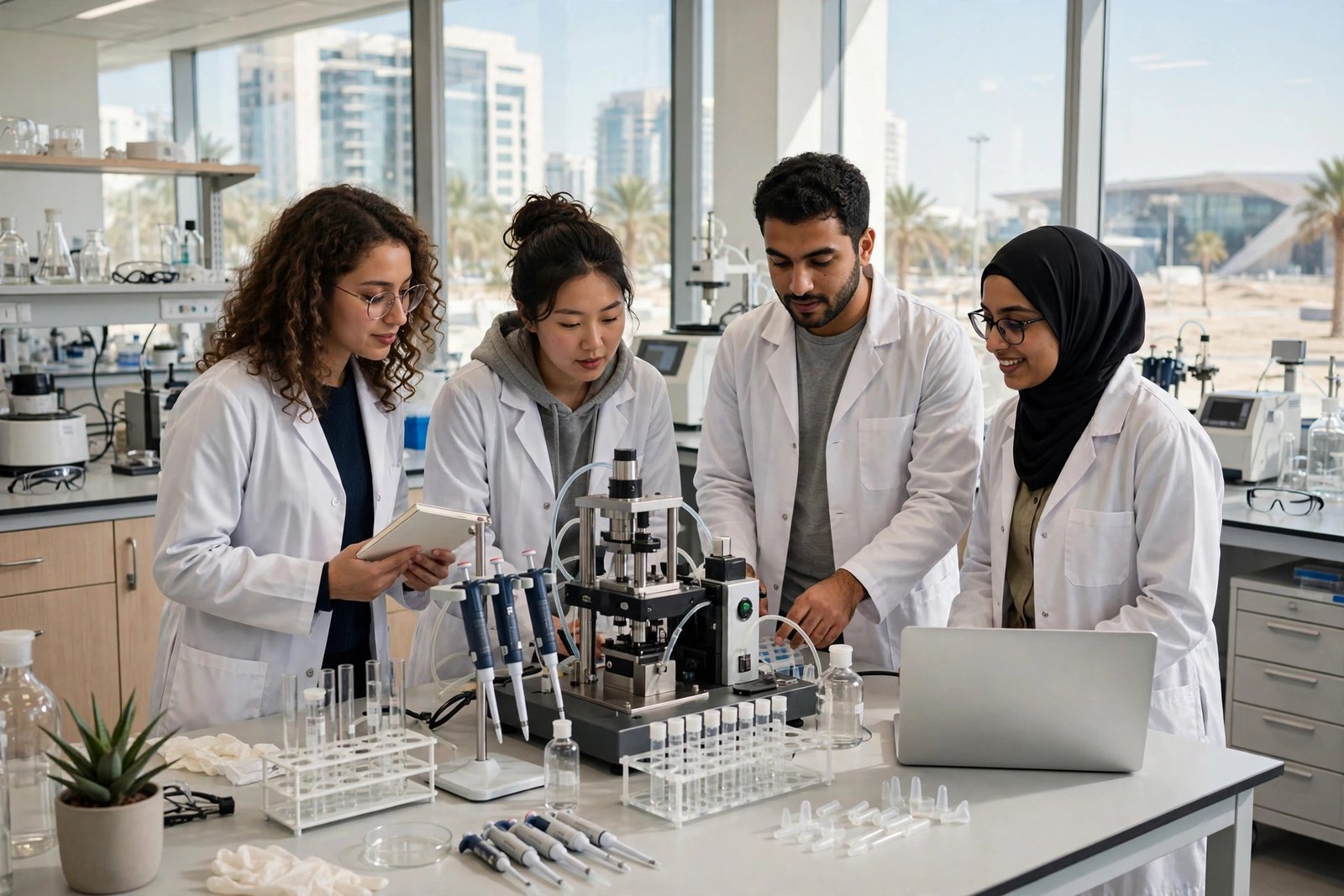 Graduate researchers collaborating in a modern Middle East university laboratory