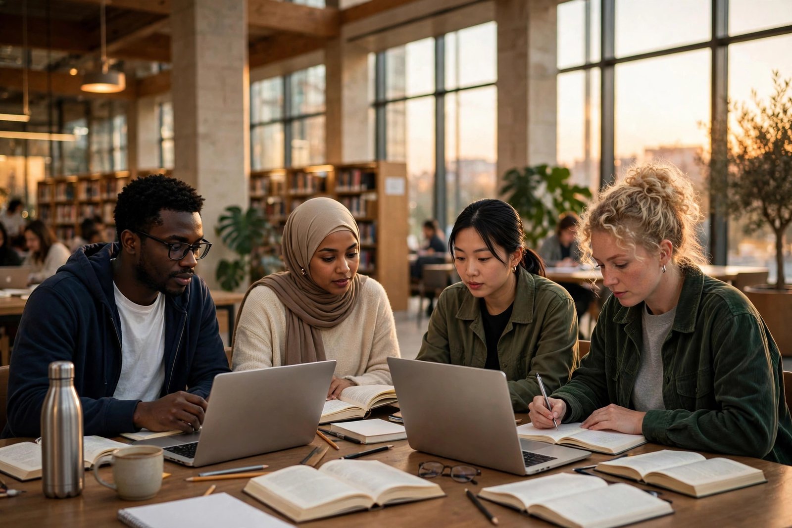 Students studying together in a world-class university library on fully funded scholarships