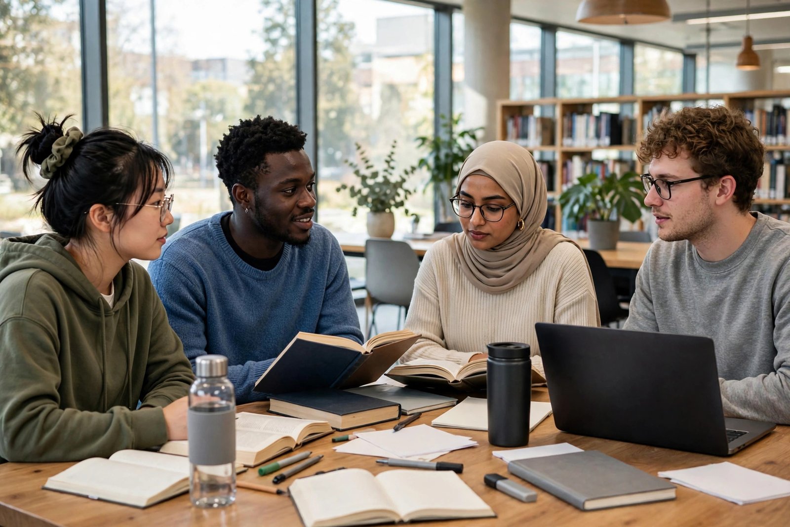 International master's students studying together in a university library on fully funded scholarships