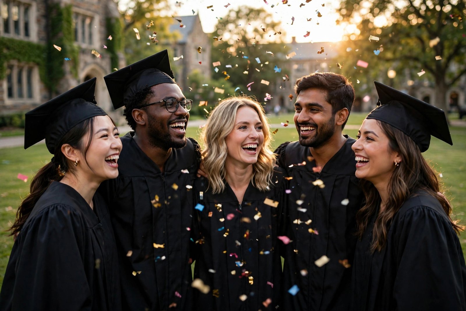 Graduates celebrating a fully funded master's degree on a university campus