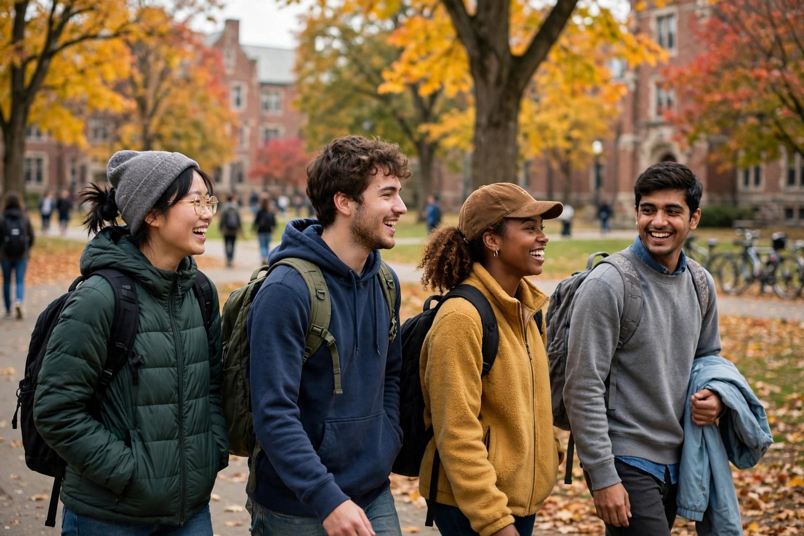 Undergraduate students walking across a university campus with fully funded scholarships