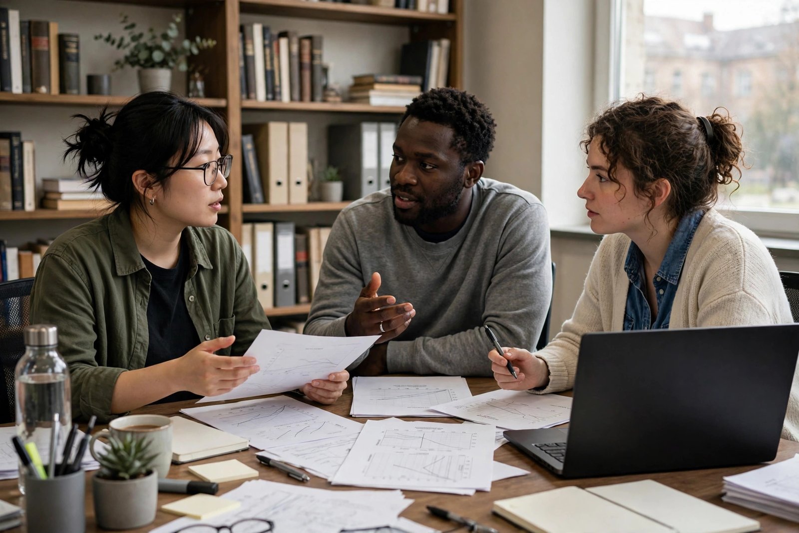 Doctoral students discussing research in a university research office