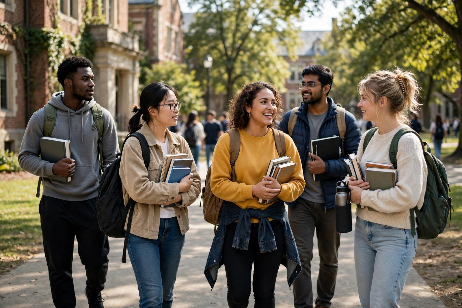 Undergraduate students walking across a university campus with backpacks, fully funded bachelor's scholarship 2027