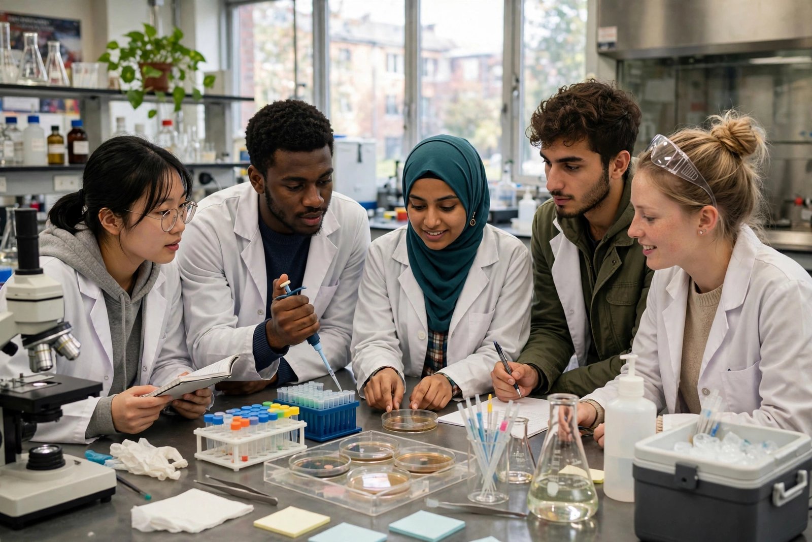 International scholarship students collaborating on research at a university laboratory