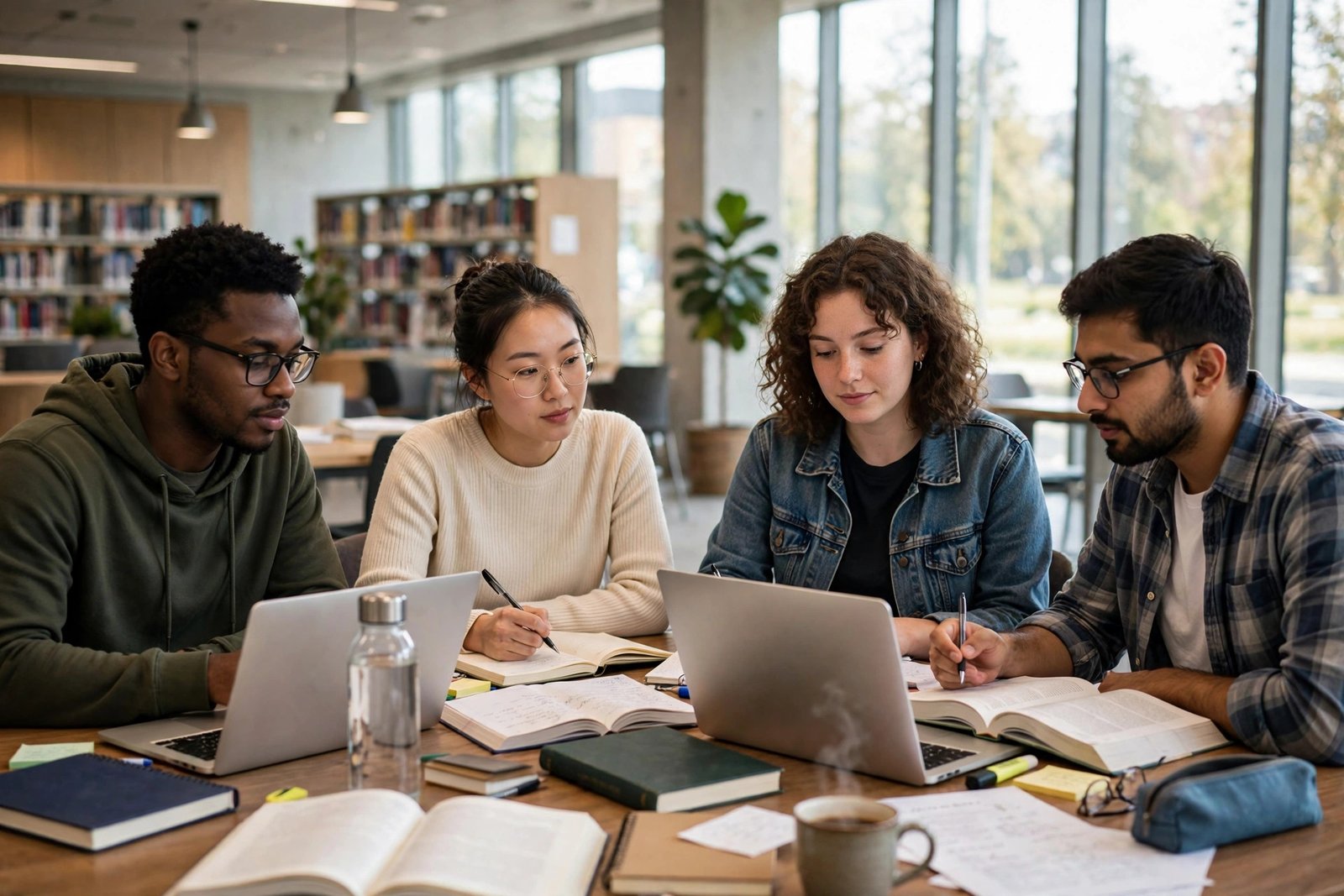 Postgraduate students studying together in a university library while preparing fully funded scholarship applications