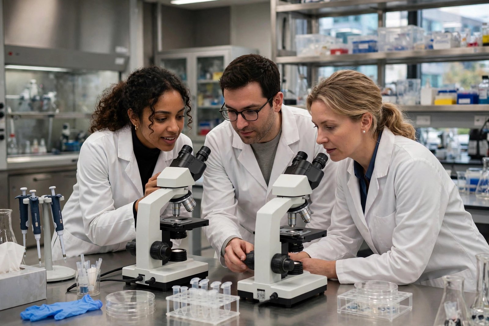 Postdoctoral researchers working in a laboratory while applying for fully funded postdoctoral fellowships