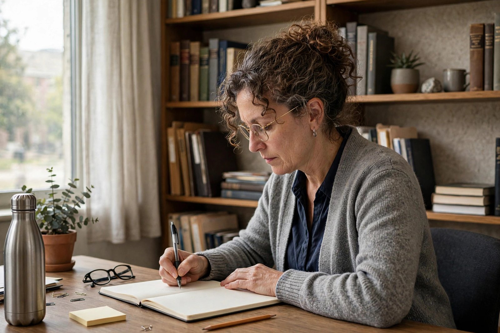 Postdoctoral scientist writing research notes in a university office during a fully funded fellowship